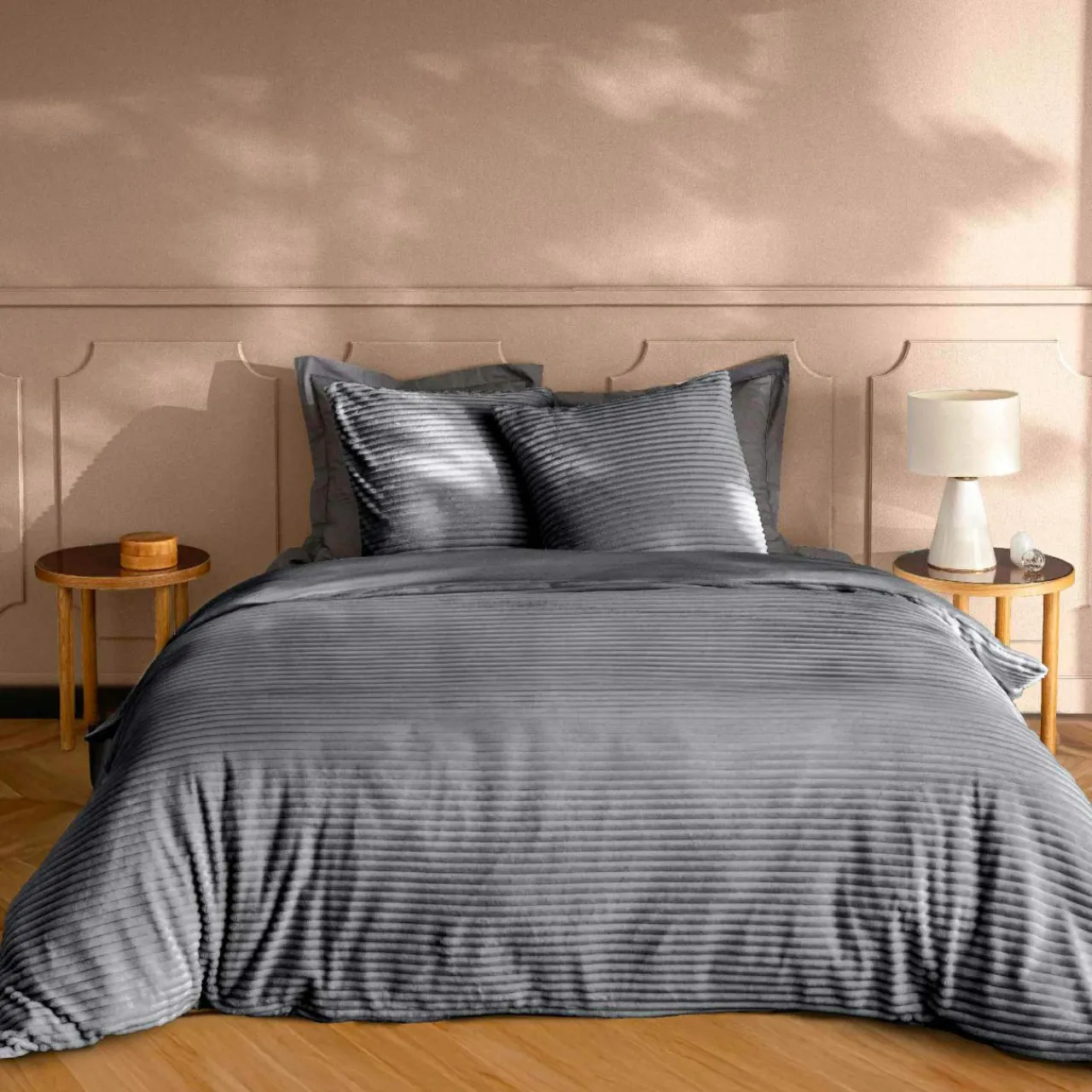 Parure De Lit|Housse De Couette|douceur d'intu017drieur Housse de couette et deux taies d'oreiller flanelle (240 x 220 cm) Veloutea Gris Anthracite
