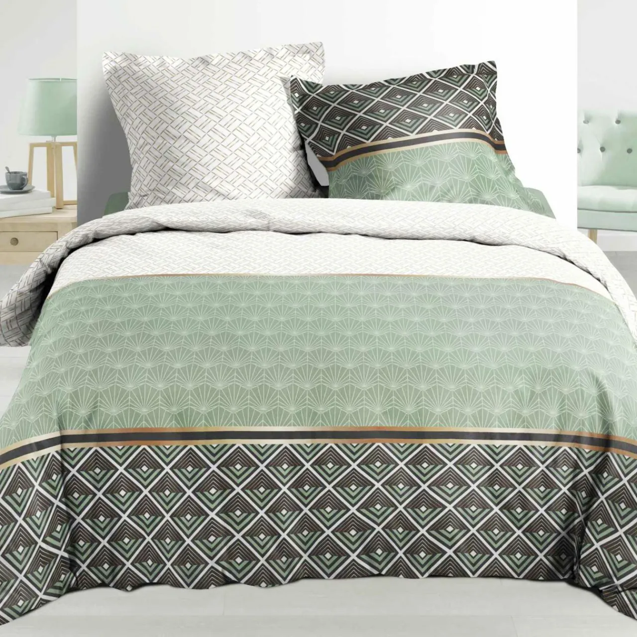 Parure De Lit|Housse De Couette|DOUCEUR D'INTERIEUR Housse de couette et deux taies percale de coton (240 x 220 cm) Belor e Vert
