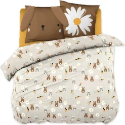 Linge De Lit Enfant|Linge De Lit Enfant|L'EFFET PAPILLON Housse de couette et deux taies enfant coton (240 x 220 cm) Pompon Marron