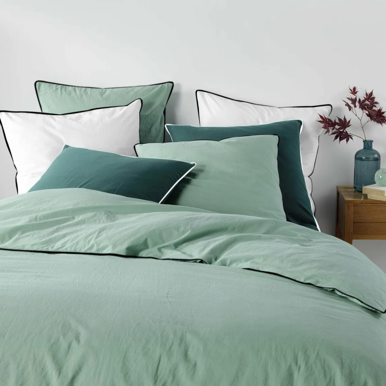 Parure De Lit|Housse De Couette|DOUCEUR D'INTERIEUR Housse de couette et deux taies coton lavé (260 x 240 cm) Linette Vert sauge