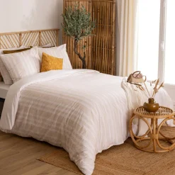 Parure De Lit|Housse De Couette|Atmosphera, cru017dateur d'intu017drieur Housse de couette et deux taies coton (240 x 220 cm) Dobby Terracotta Blanc