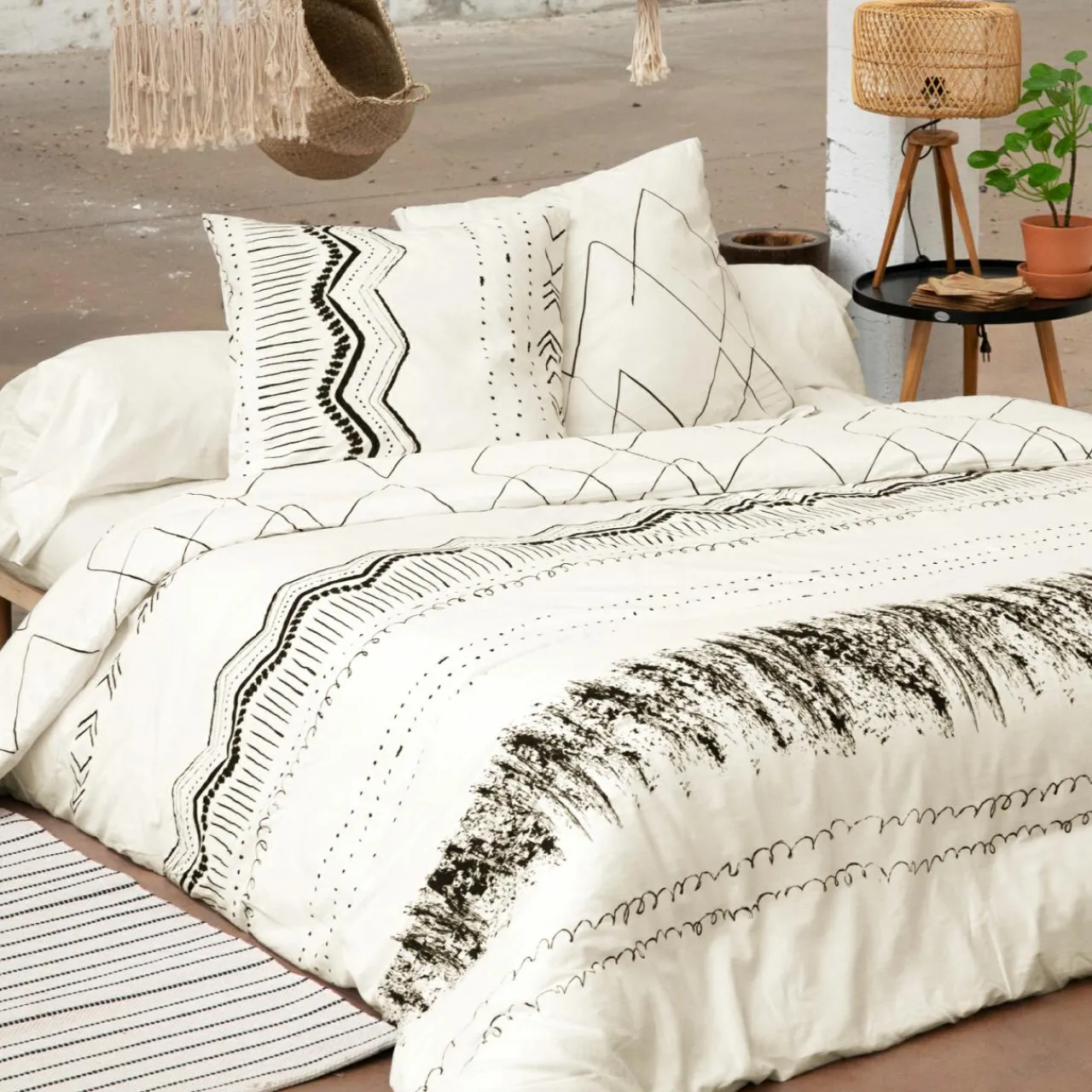 Parure De Lit|Housse De Couette|L'EFFET PAPILLON Housse de couette et deux taies coton (260 x 240 cm) Berbère e Noir