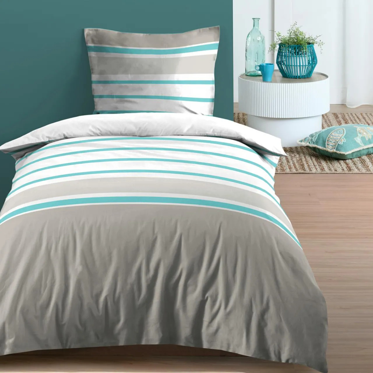 Parure De Lit|STOF Housse de couette et une taie d'oreiller en coton (140 x 200 cm) Barbade Vert céladon