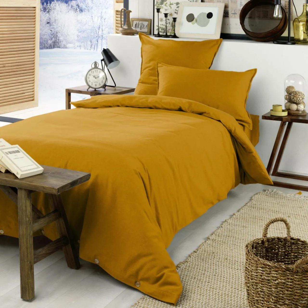Housse De Couette|EMINZA Housse de couette flanelle de coton (140 x 200 cm) Nina Jaune ocre