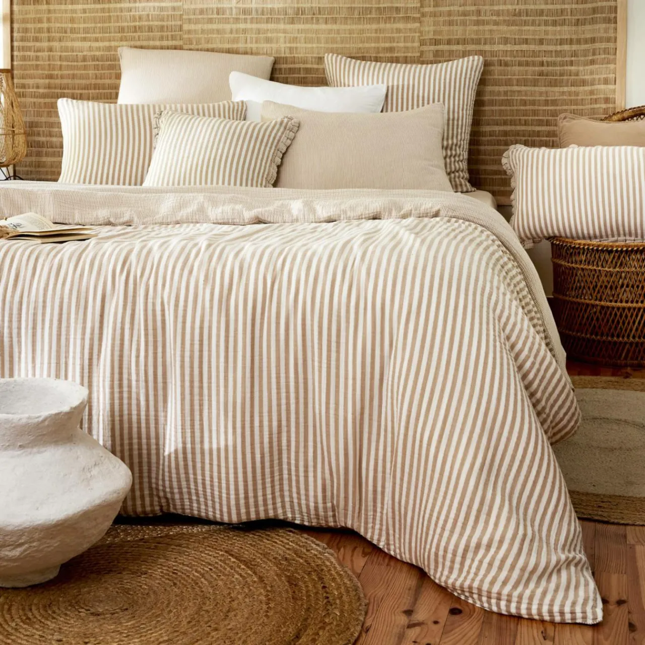 Housse De Couette|EMINZA Housse de couette gaze de coton (260 x 240 cm) Gaïa rayures Ficelle Rayure Ficelle