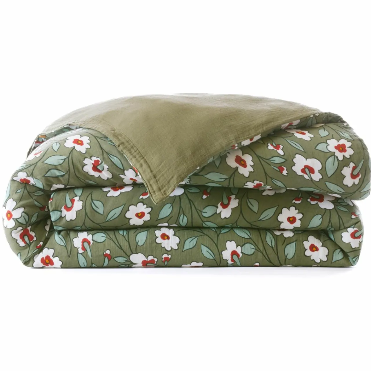 Housse De Couette|EMINZA Housse de couette gaze de coton (260 x 240 cm) Gaïa Marguerite Vert Romarin