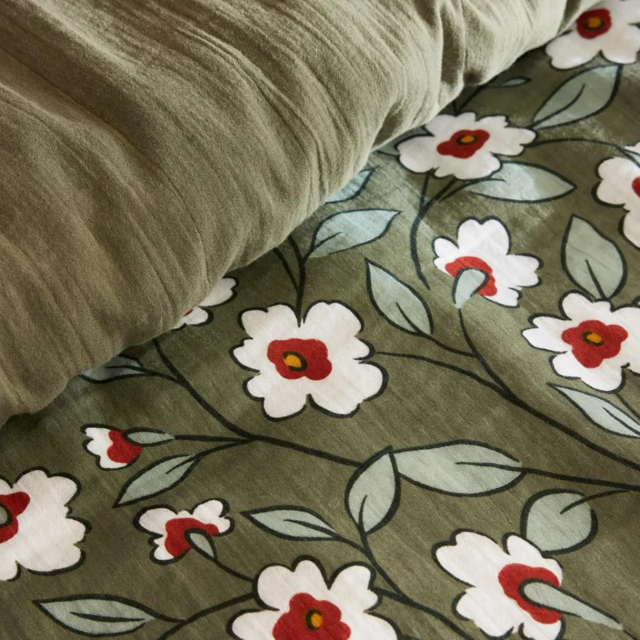 Housse De Couette|EMINZA Housse de couette gaze de coton (260 x 240 cm) Gaïa Marguerite Vert Romarin