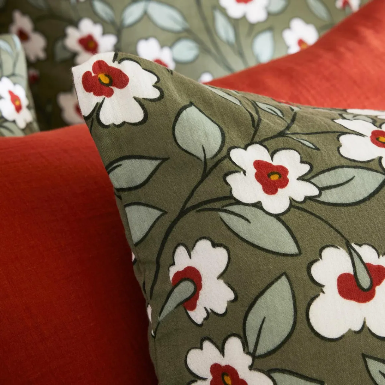 Housse De Couette|EMINZA Housse de couette gaze de coton (260 x 240 cm) Gaïa Marguerite Vert Romarin