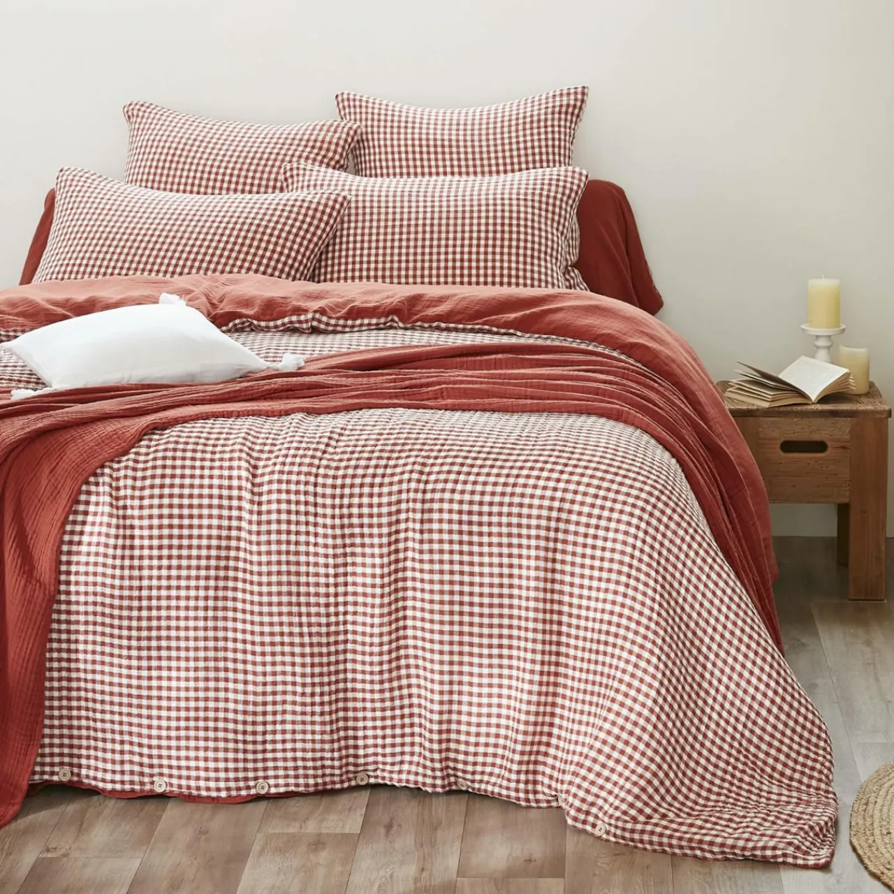 Housse De Couette|EMINZA Housse de couette gaze de coton (260 x 240 cm) Gaïa vichy Terracotta