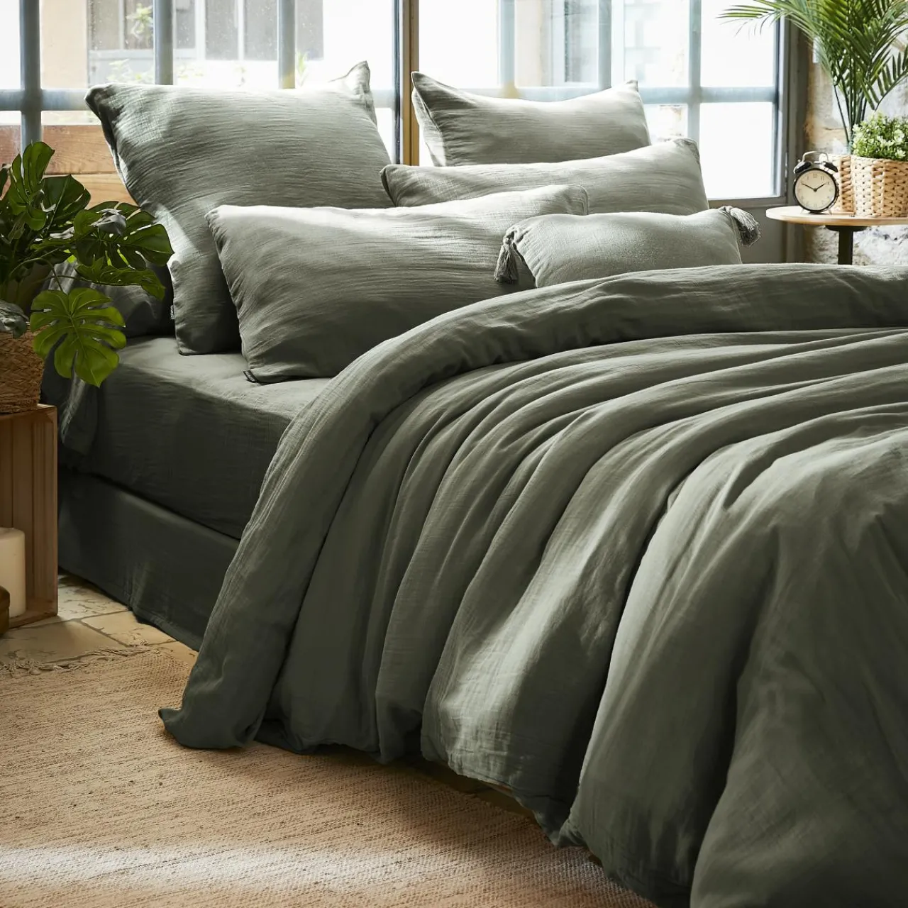 Housse De Couette|EMINZA Housse de couette gaze de coton (200 x 200 cm) Gaïa Vert romarin