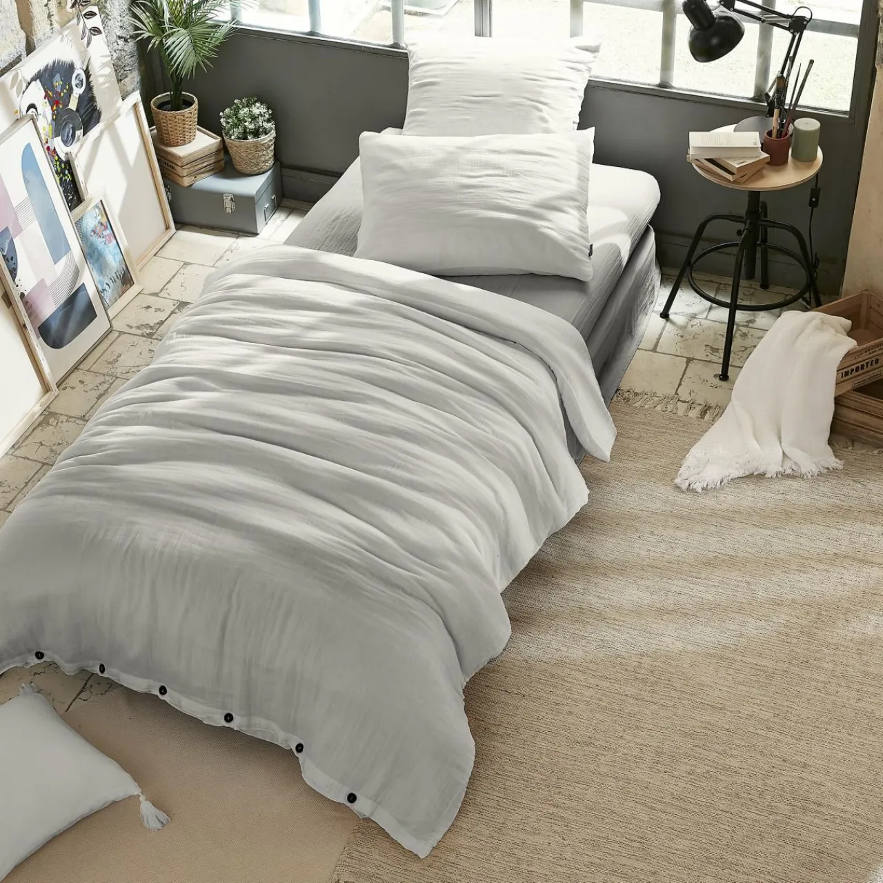 Housse De Couette|EMINZA Housse de couette gaze de coton (140 x 200 cm) Gaïa Gris nuage Gris clair