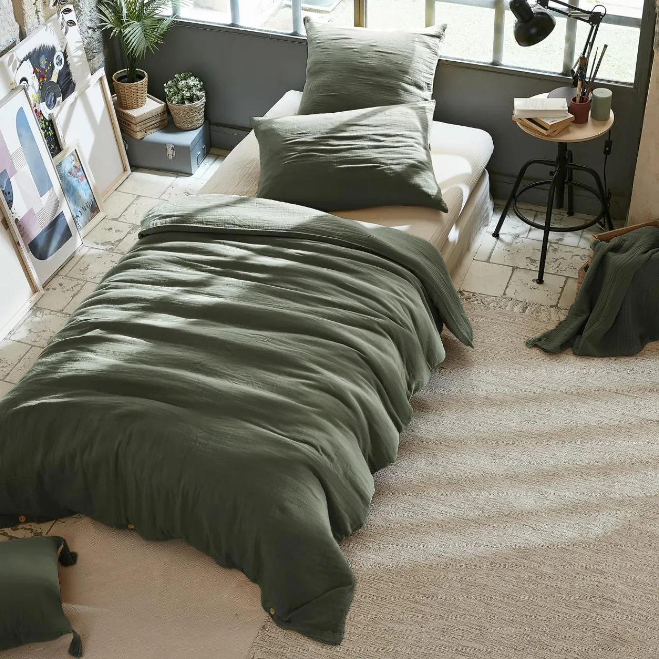 Housse De Couette|EMINZA Housse de couette gaze de coton (140 x 200 cm) Gaïa Vert romarin