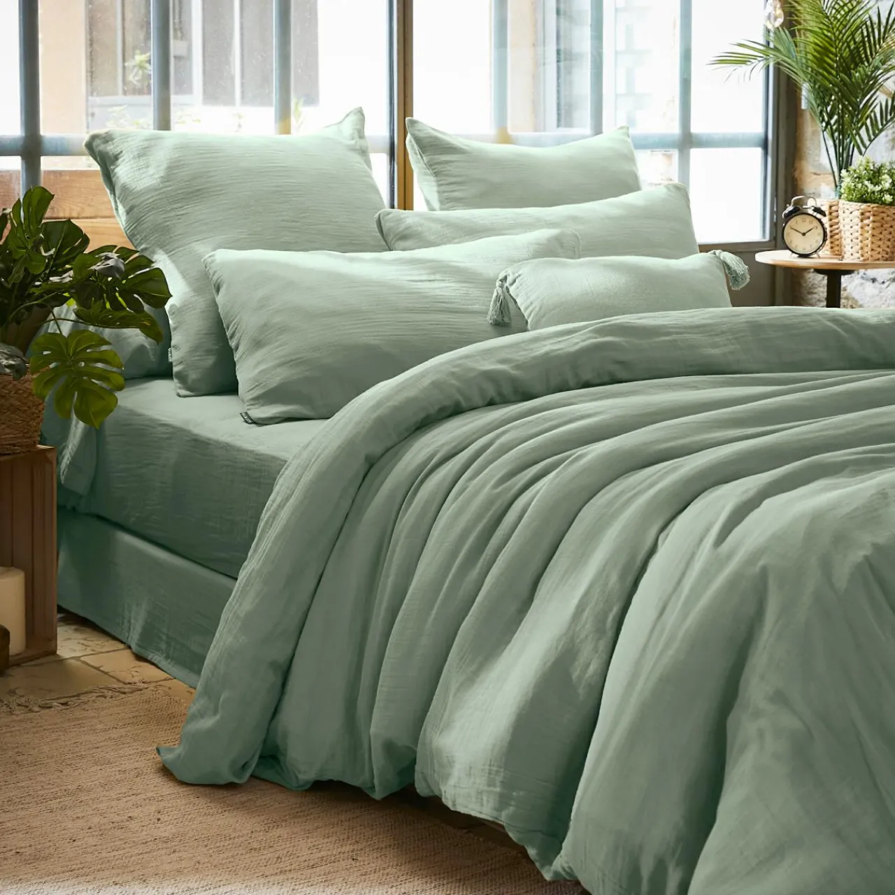 Housse De Couette|EMINZA Housse de couette gaze de coton (200 x 200 cm) Gaïa Vert Eucalyptus