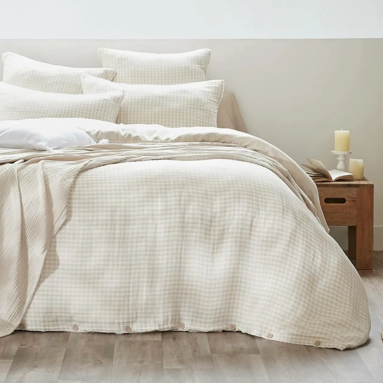 Housse De Couette|EMINZA Housse de couette gaze de coton (140 x 200 cm) Gaïa vichy Beige