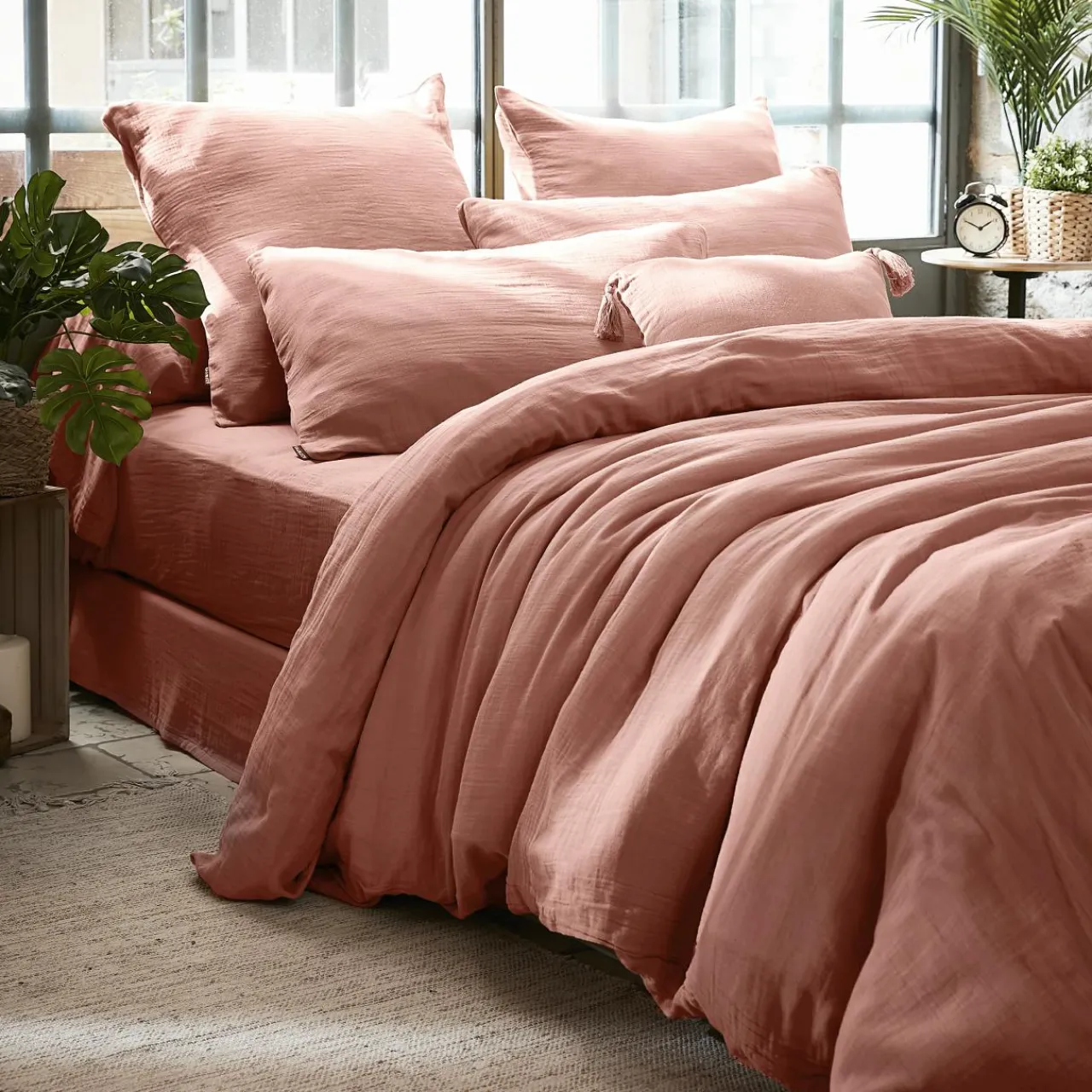 Housse De Couette|EMINZA Housse de couette gaze de coton (240 x 220 cm) Gaïa Rose Pêche