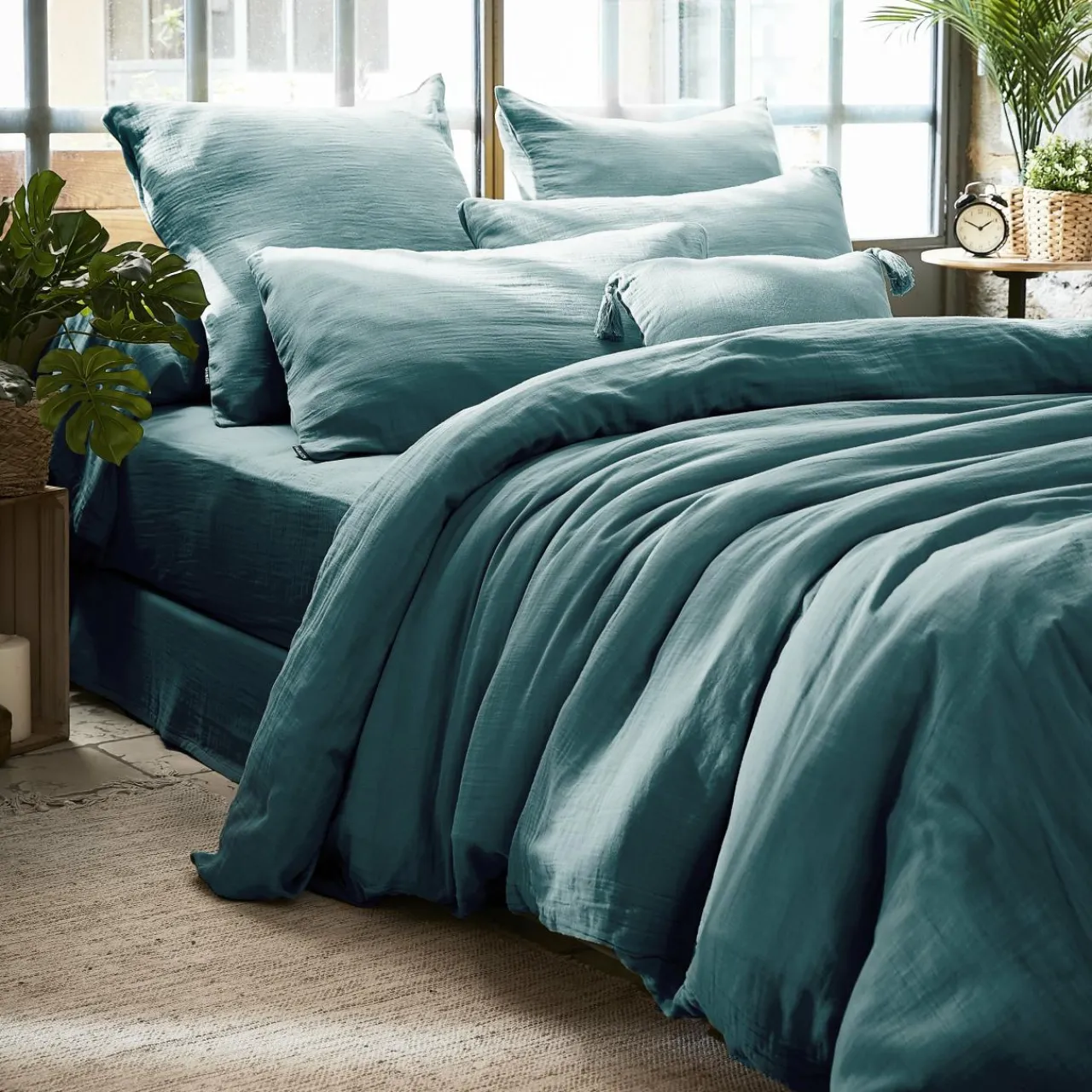 Housse De Couette|EMINZA Housse de couette gaze de coton (260 x 240 cm) Gaïa Bleu canard