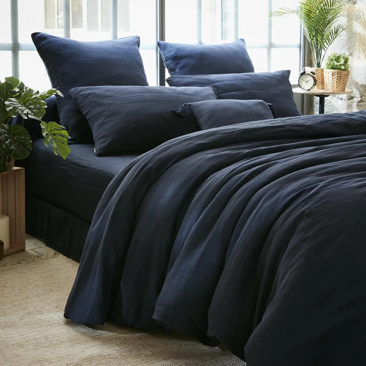 Housse De Couette|EMINZA Housse de couette gaze de coton (260 x 240 cm) Gaïa Bleu nuit