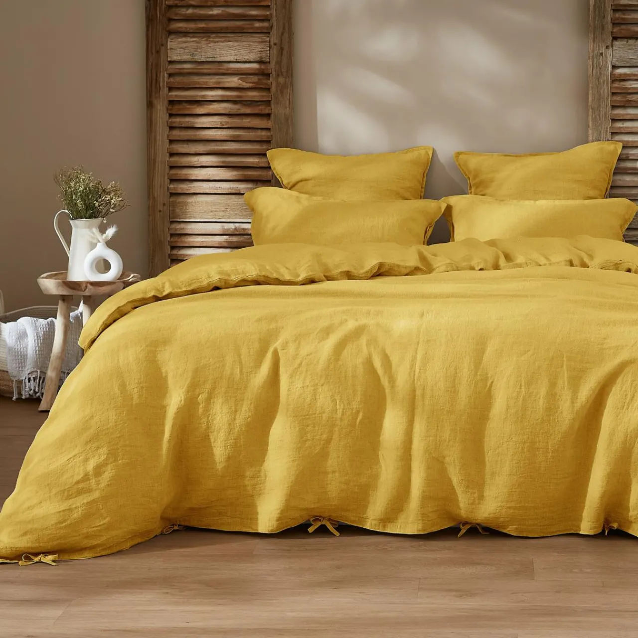 Housse De Couette|EMINZA Housse de couette lin lavé (240 x 220 cm) Louise Jaune moutarde