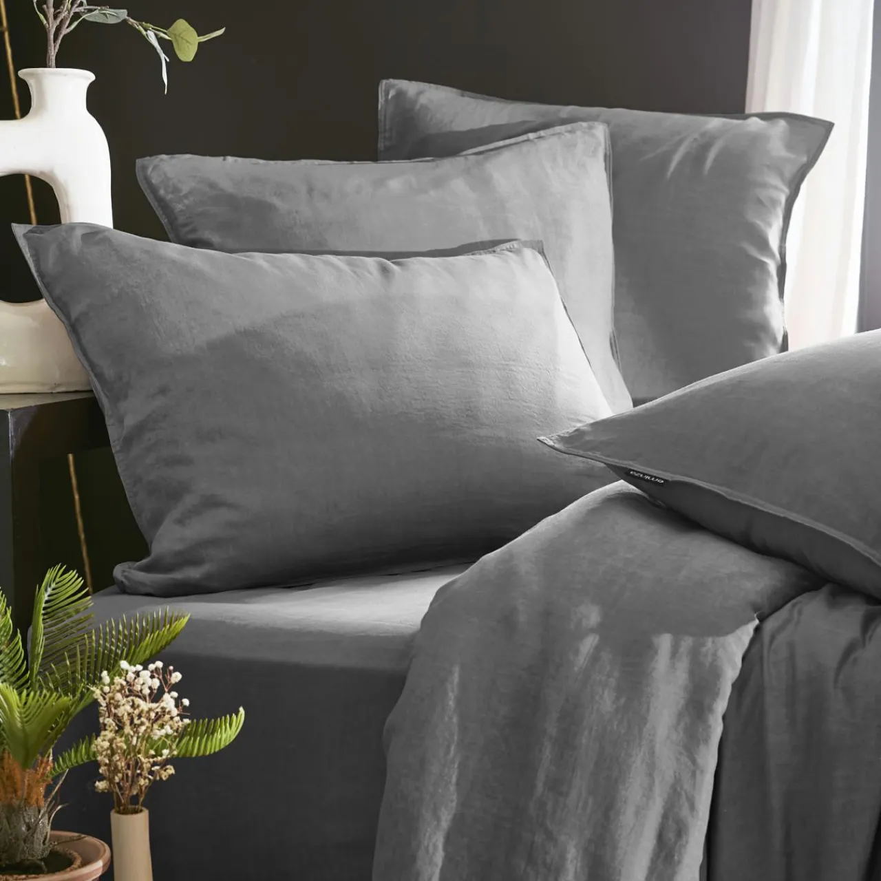 Parure De Lit|Housse De Couette|EMINZA Housse de couette lyocell Tencel™ lavé (280 x 240 cm) Olivia granit Gris
