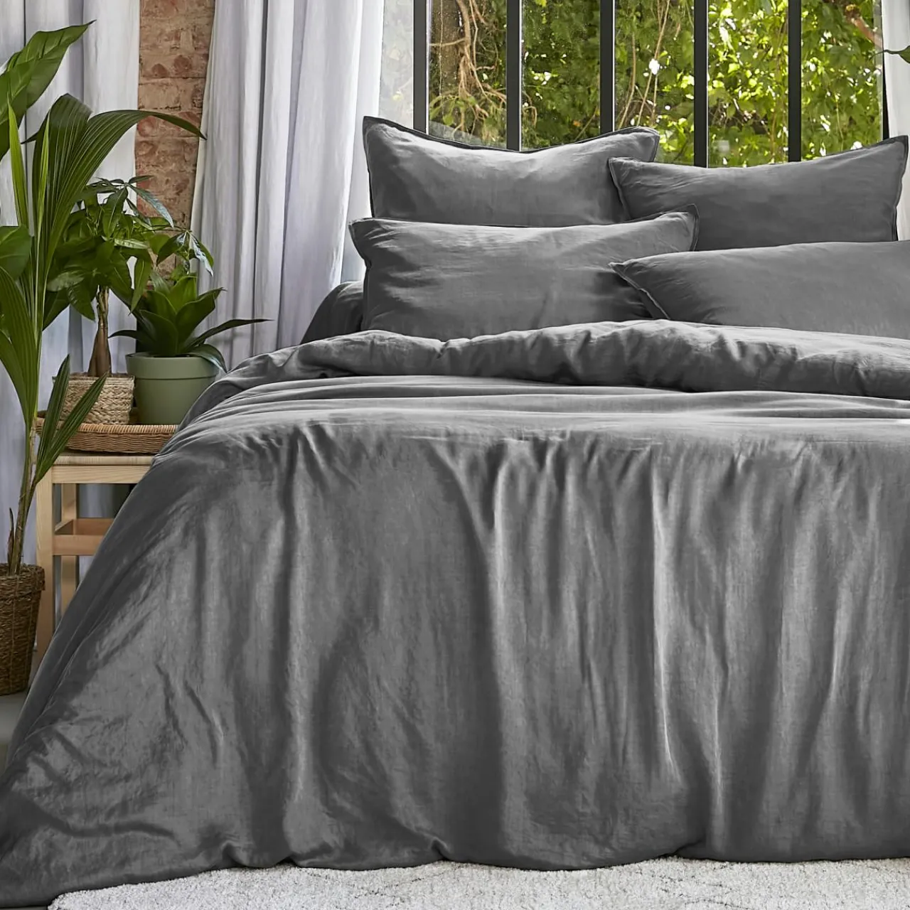 Parure De Lit|Housse De Couette|EMINZA Housse de couette lyocell Tencel™ lavé (260 x 240 cm) Olivia granit Gris