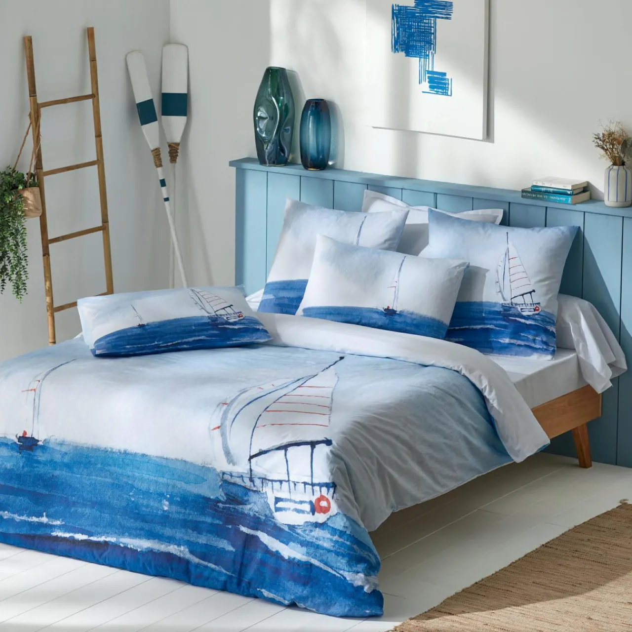 Housse De Couette|TRADI LINGE Housse de couette percale de coton (300 x 240 cm) Regate e Bleu