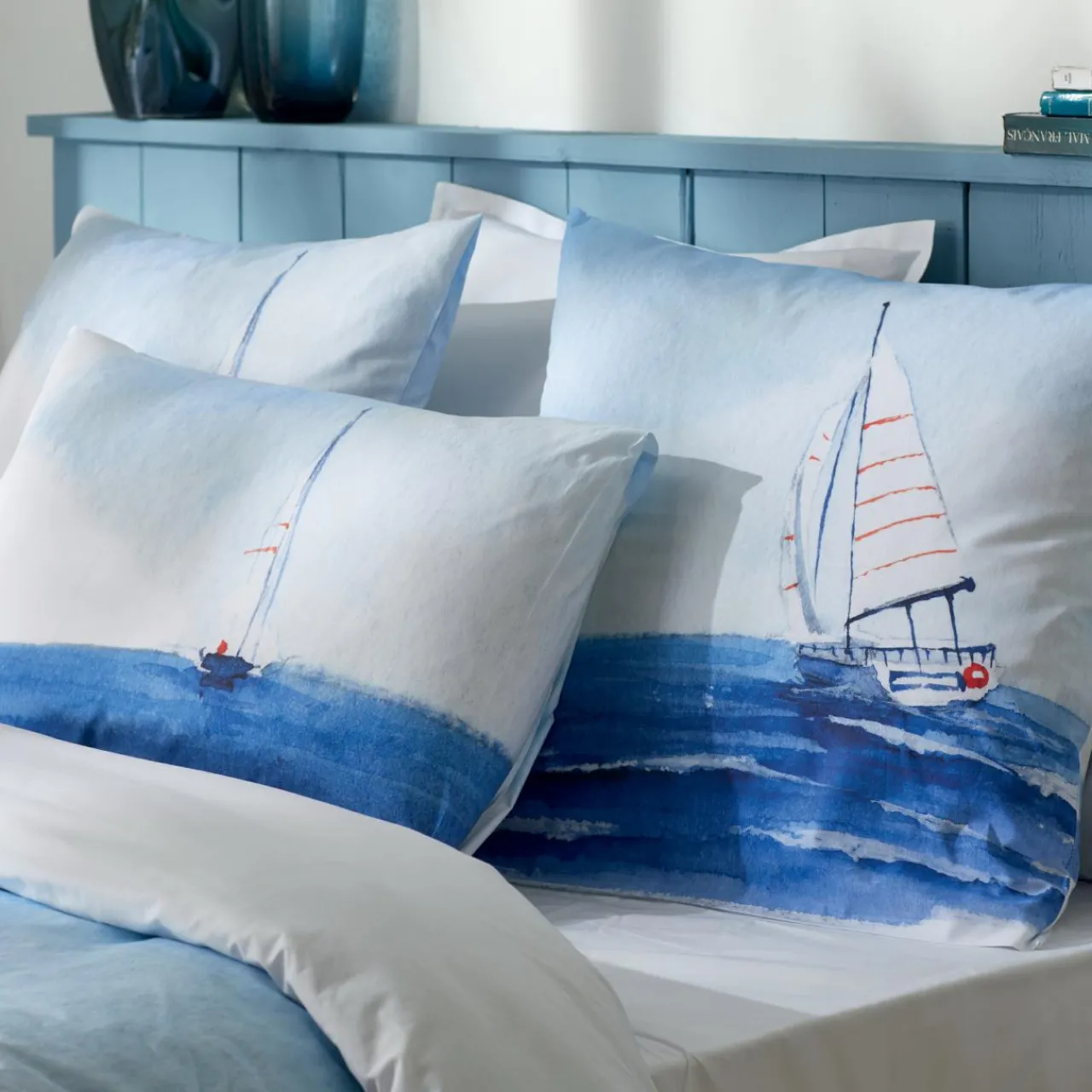 Housse De Couette|TRADI LINGE Housse de couette percale de coton (240 x 220 cm) Regate e Bleu