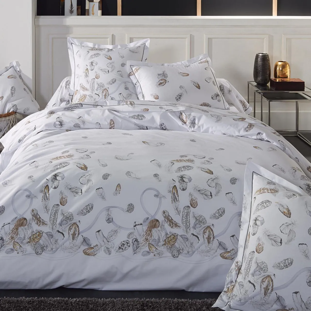 Housse De Couette|TRADILINGE Housse de couette percale de coton (260 x 240 cm) Plumes e Gris