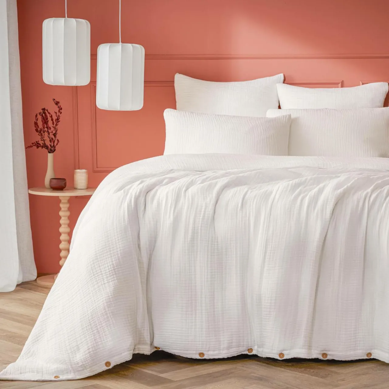 Housse De Couette|EMINZA Housse de couette quadruple gaze de coton (240 x 220 cm) Victoria x Gaïa chantilly Blanc