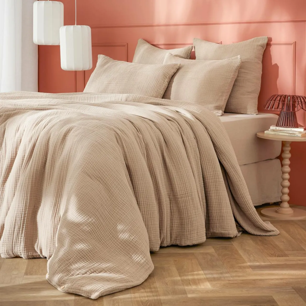 Housse De Couette|EMINZA Housse de couette quadruple gaze de coton (240 x 220 cm) Victoria x Gaïa Ficelle