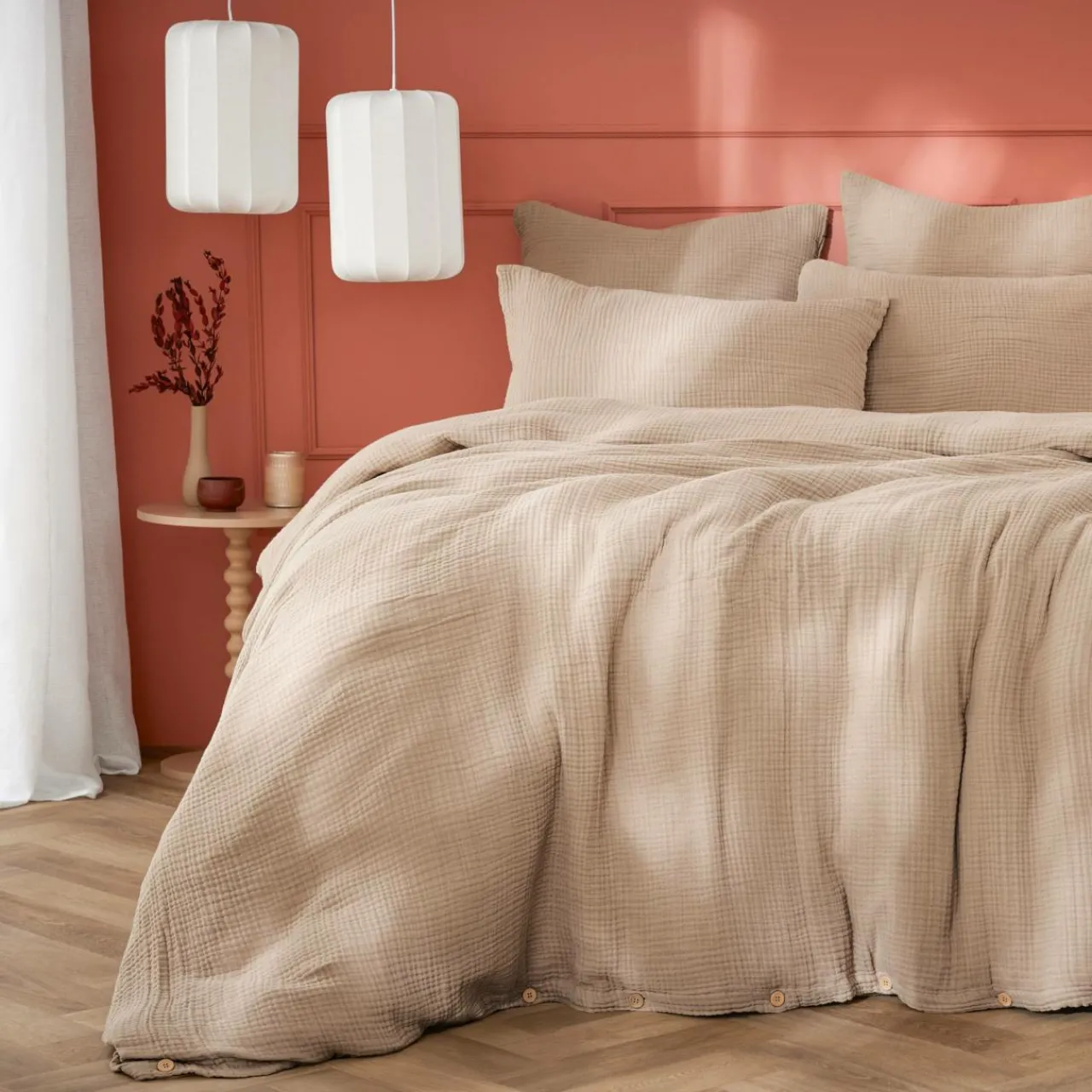 Housse De Couette|EMINZA Housse de couette quadruple gaze de coton (200 x 200 cm) Victoria x Gaïa Ficelle