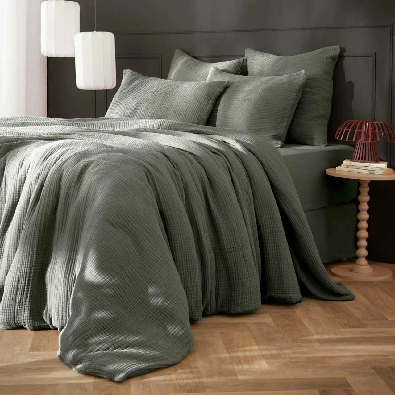 Housse De Couette|EMINZA Housse de couette quadruple gaze de coton (280 x 240 cm) Victoria x Gaïa Vert romarin