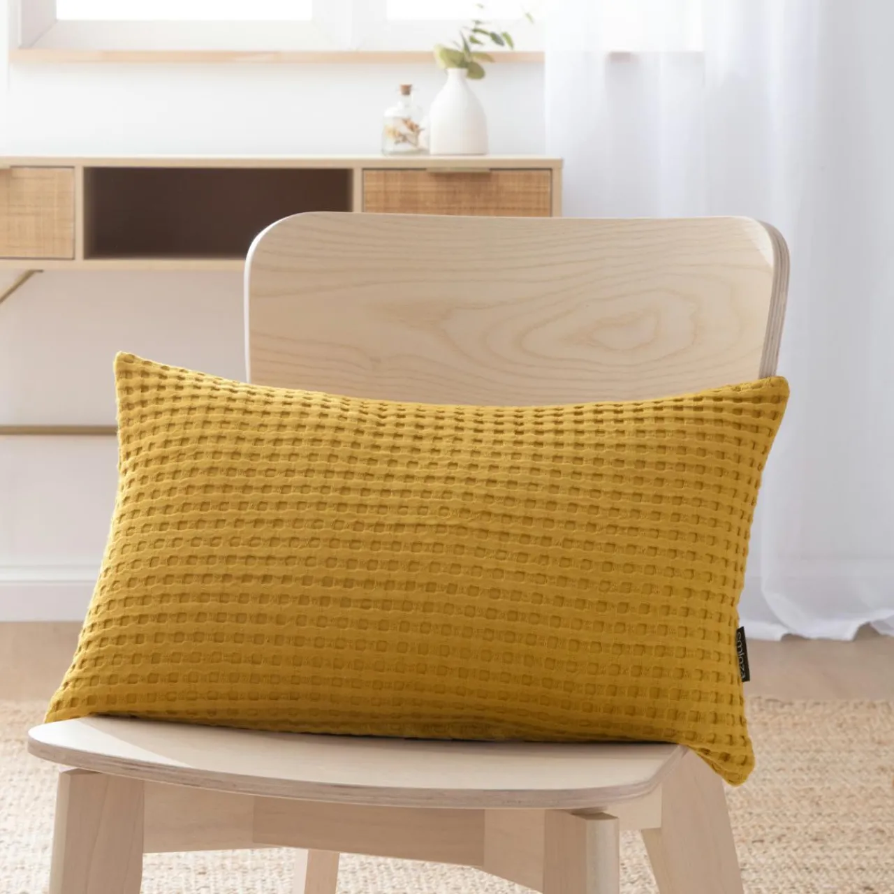 Coussin Et Housse|EMINZA Housse de coussin rectangulaire coton nid d'abeille (30 x 50 cm) Maya Jaune safran