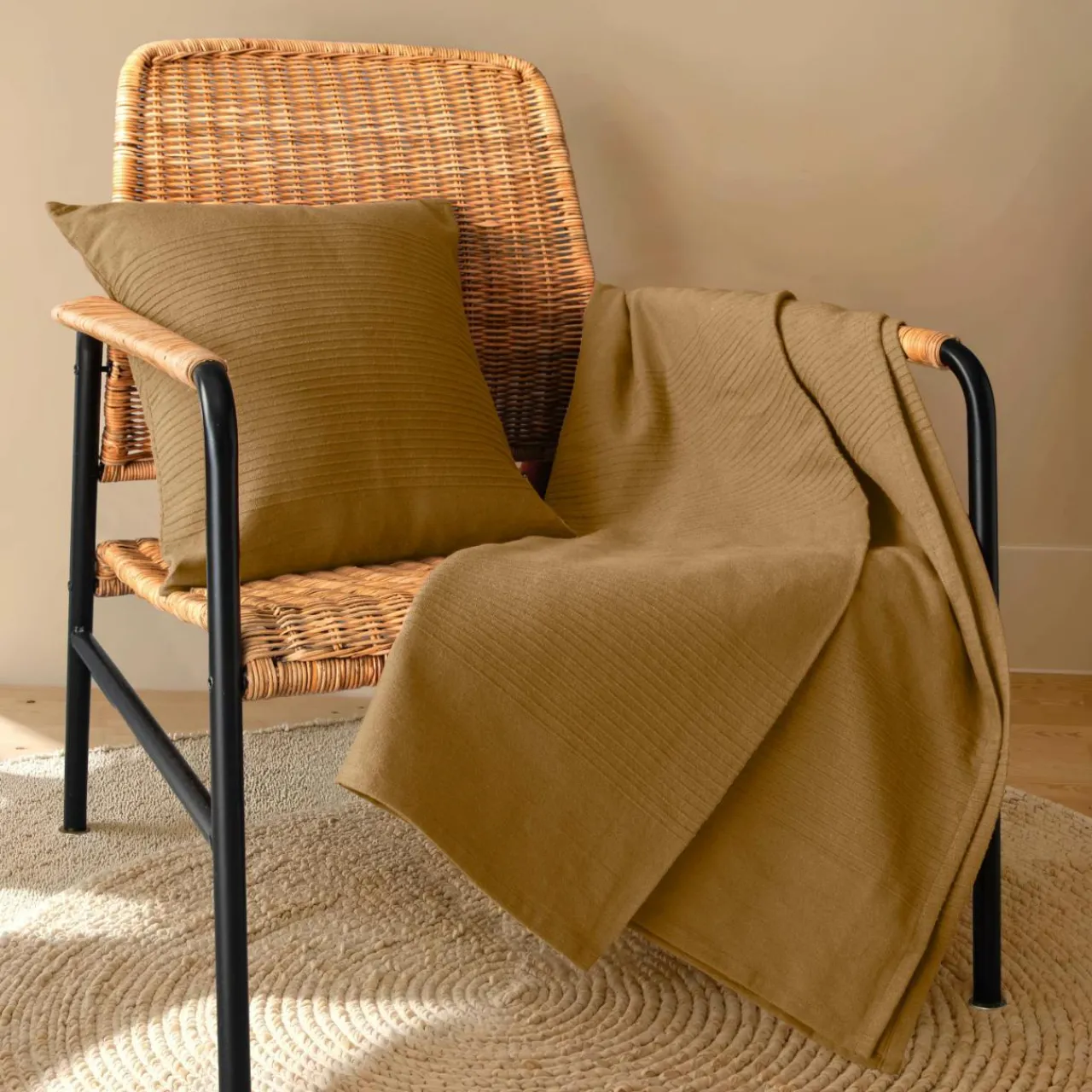 Plaid Et Jeté|Couvre-Lit Et Édredon|EMINZA Jeté de lit coton tissé (130 x 160 cm) Léa Camel