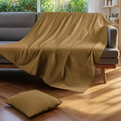 Plaid Et Jeté|Couvre-Lit Et Édredon|EMINZA Jeté de lit coton tissé (130 x 160 cm) Léa Camel