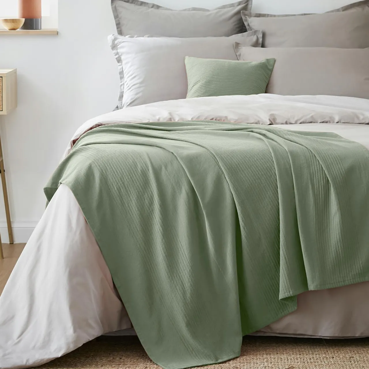 Plaid Et Jeté|Couvre-Lit Et Édredon|EMINZA Jeté de lit coton tissé (130 x 160 cm) Léa Vert romarin