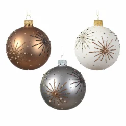 Boule De Noël|KAEMINGK Lot de 6 boules de Noël (D80 mm) en verre Kery , Noix de pécan et Gris marbre Blanc laine