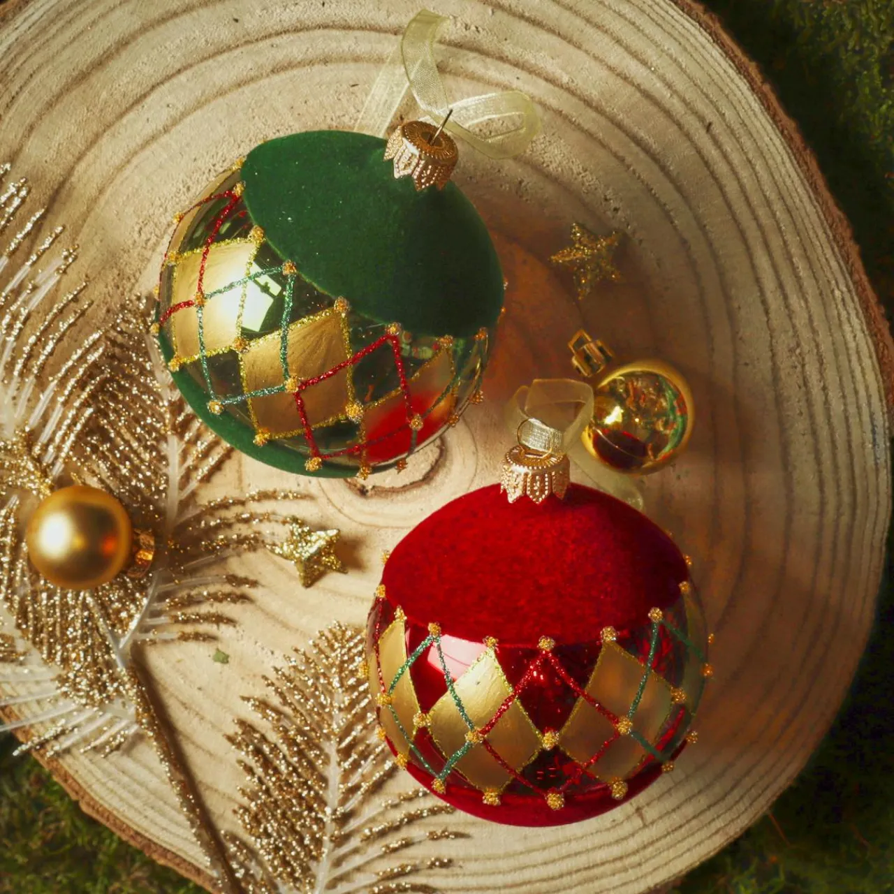 Boule De Noël|KAEMINGK Lot de 6 boules de Noël en verre (D80 mm) Carreaux de velours Bordeaux et vert sapin Rouge