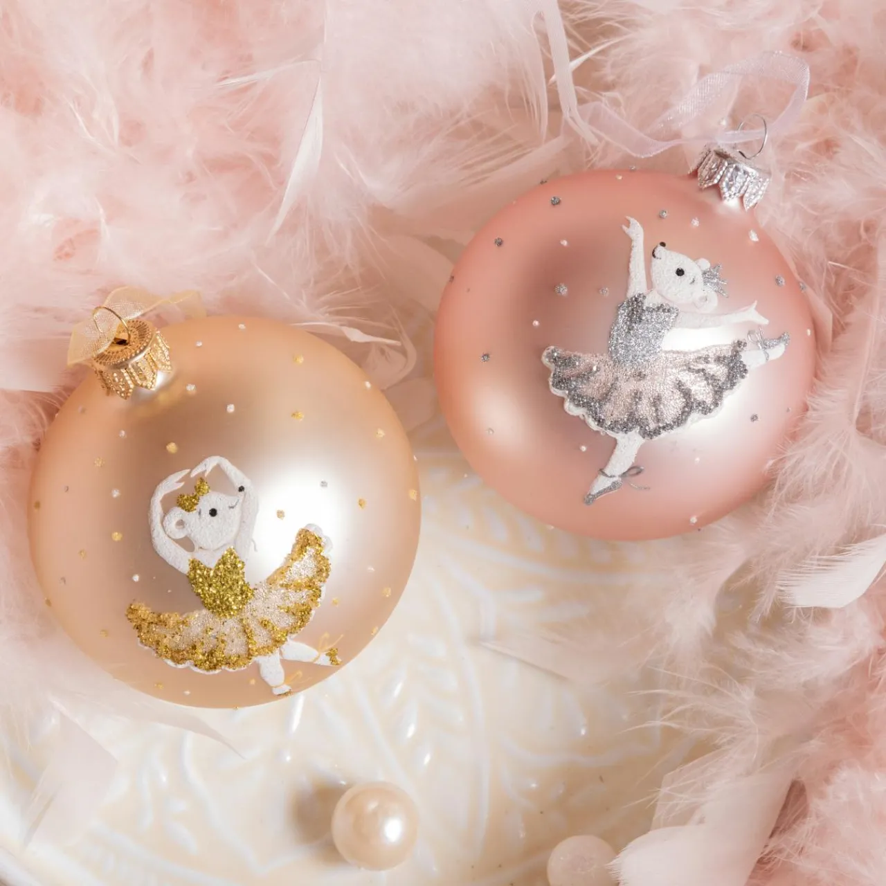 Boule De Noël|KAEMINGK Lot de 6 boules de Noël en verre (D80 mm) Ballerines et perle Rose