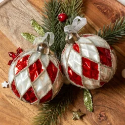 Boule De Noël|KAEMINGK Lot de 12 boules de Noël en verre (D80 mm) Damiers et blanc Rouge