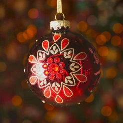 Boule De Noël|KAEMINGK Lot de 3 boules de Noël en verre (D80 mm) Folk Flower Rouge