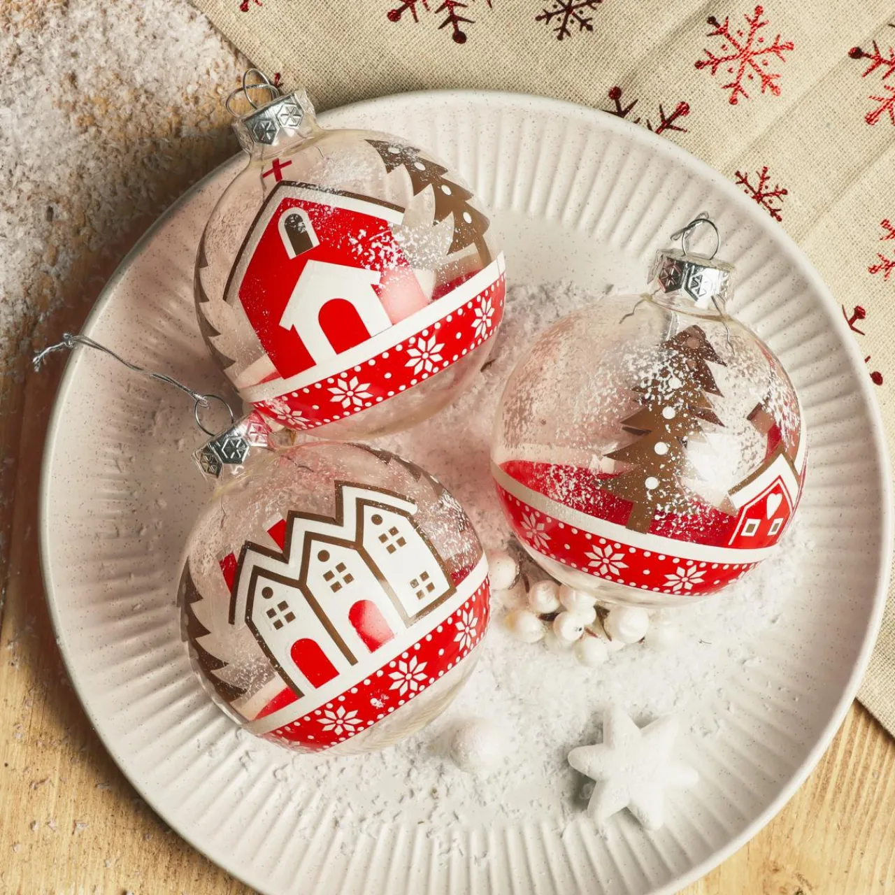 Boule De Noël|KAEMINGK Lot de 12 boules de Noël en verre (D80 mm) Villages enneigés et blanc Rouge