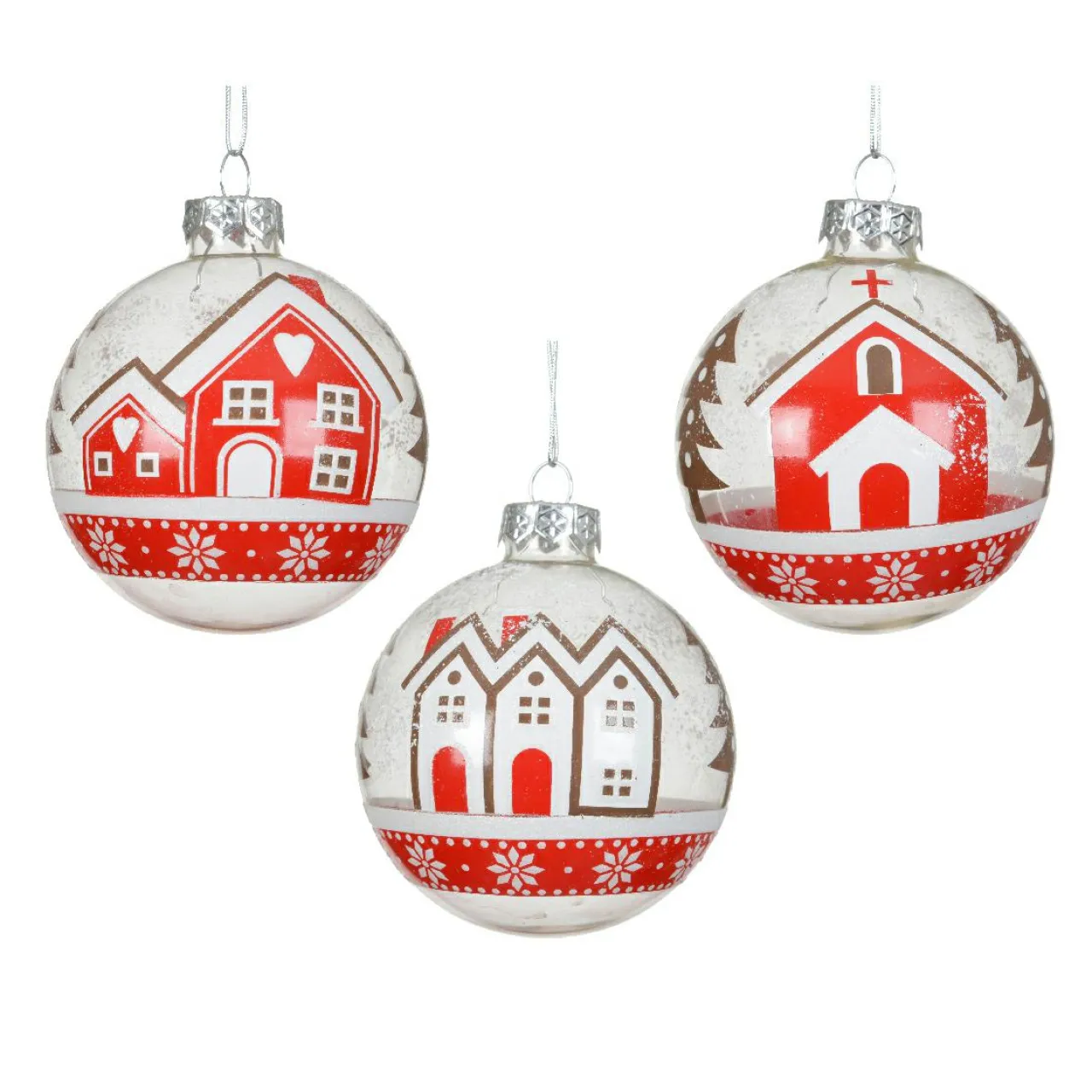 Boule De Noël|KAEMINGK Lot de 12 boules de Noël en verre (D80 mm) Villages enneigés et blanc Rouge