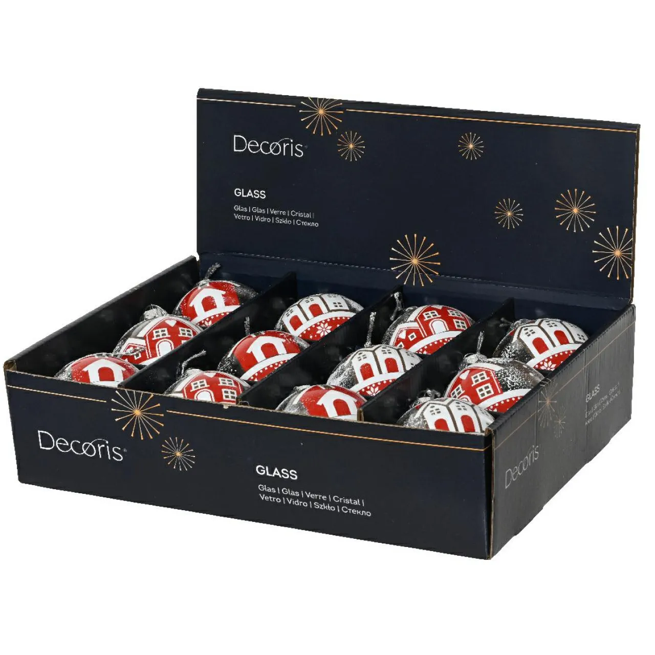 Boule De Noël|KAEMINGK Lot de 12 boules de Noël en verre (D80 mm) Villages enneigés et blanc Rouge