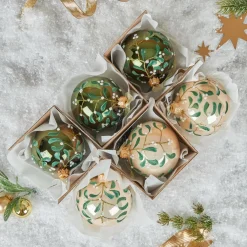 Boule De Noël|KAEMINGK Lot de 6 boules de Noël en verre (D80 mm) Fleurs de gui Vert