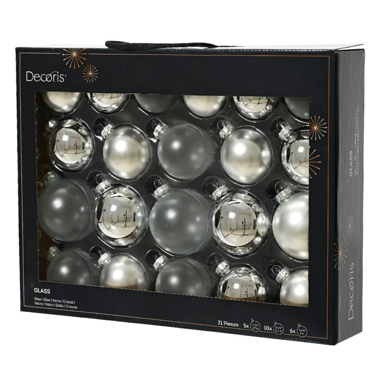 Boule De Noël|KAEMINGK Lot de 21 boules de Noël en verre (D60 à 75 mm) Assorties Cristal Argent