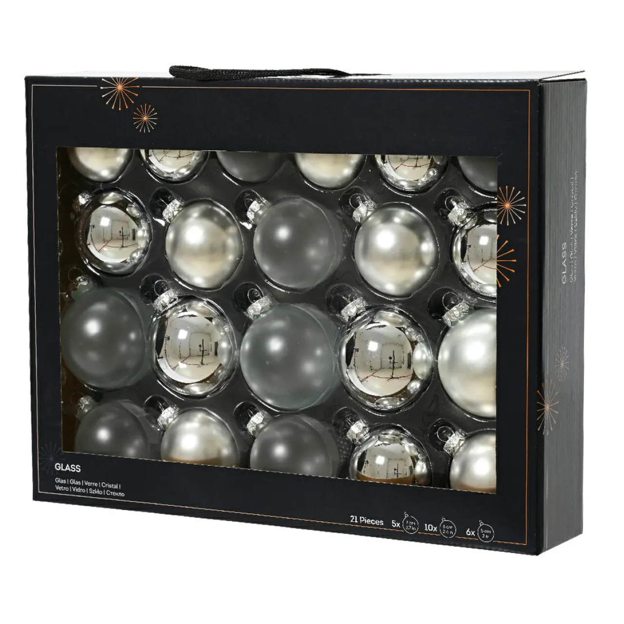 Boule De Noël|KAEMINGK Lot de 21 boules de Noël en verre (D60 à 75 mm) Assorties Cristal Argent