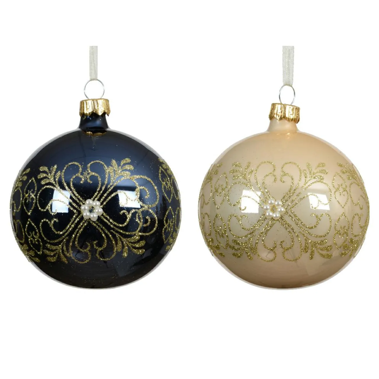 Boule De Noël|KAEMINGK Lot de 6 boules de Noël en verre (D80 mm) Marie-Antoinette nuit et perle Bleu