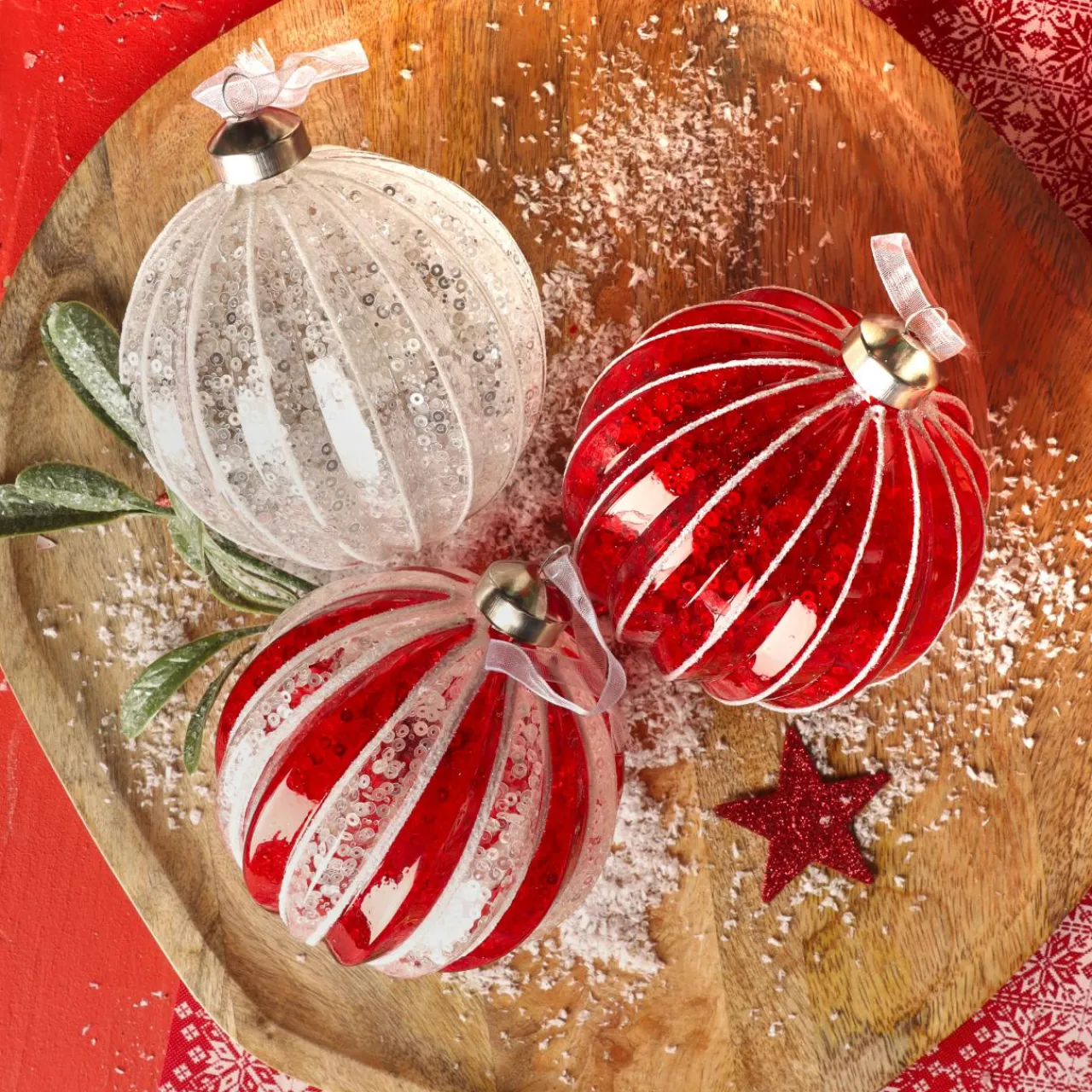 Boule De Noël|KAEMINGK Lot de 12 boules de Noël en verre (D100 mm) Sequins festifs et rouge Argent