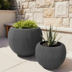 Déco Extérieur Et Cache-Pot|Déco Extérieur Et Cache-Pot|EMINZA Lot de 2 cache-pots d'extérieur ronds (H41-30 cm) Lennox strié Gris Anthracite