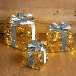 Déco Et Objet De Noël|Déco Et Objet Lumineux|EMINZA Lot de 3 cadeaux lumineux à piles 90 LED (H29 cm) Festif et blanc chaud Or